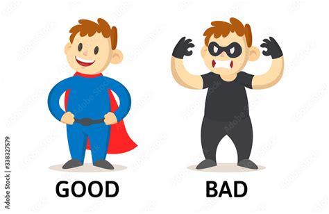 Vecteur Stock Words Good And Bad Textcard With Cartoon Characters Opposite Adjectives