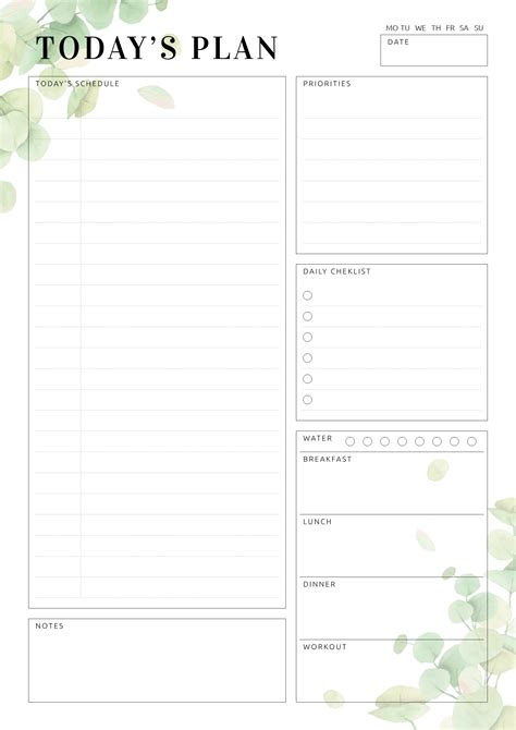 Undated Daily Planner Template With Botanical Pattern Sections