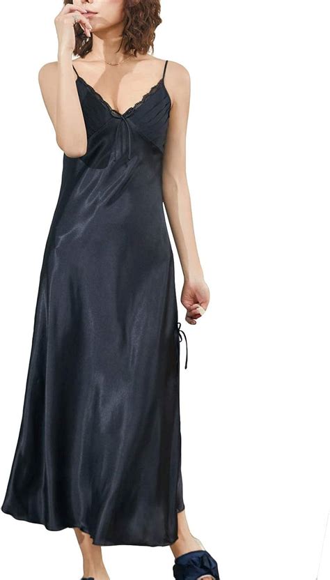 Lus Chic Womens Satin Nightgown Spaghetti Straps V Neck Long Nightdress Silk Sleep Dress
