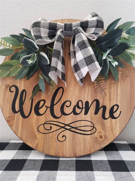 18 Welcome Wreath Round Wood Sign With Floralfloral Etsy