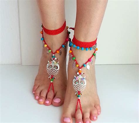 Hippie Owl Barefoot Sandals Red Crochet Sandals Hippie Etsy