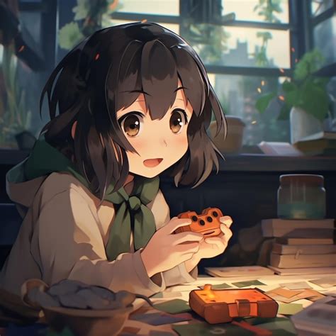 Premium Ai Image Anime Girl Eating A Cookie At A Table With A Window