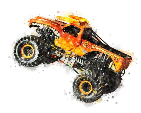 An Orange Monster Truck With Flames On Its Tires Is Shown In This