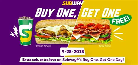 Get a 6 sub for free when you purchase any 6 sub with a 22oz terms and conditions. Manila Shopper: Subway Buy1 Get1 Day: Sept 28 2018