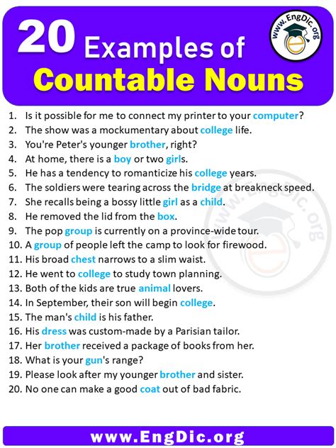 20 Examples Of Countable Nouns In Sentences Engdic