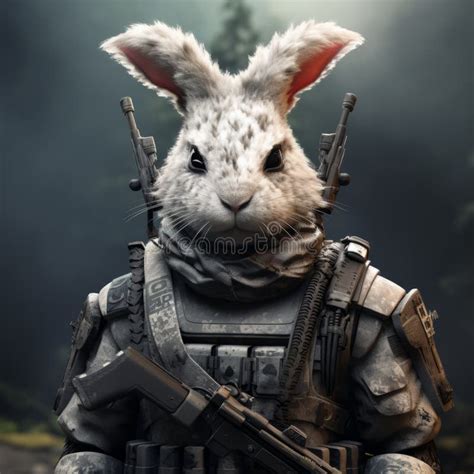 Hyper Realistic Sci Fi Rabbit With Military Clothing And Rifle Stock