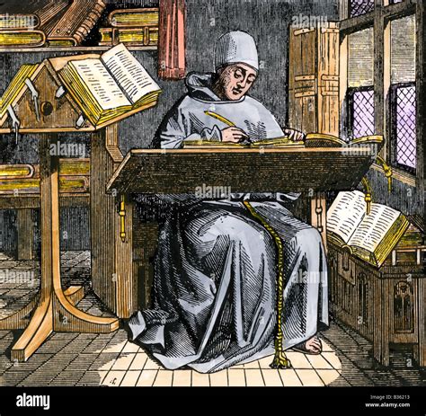 Medieval Scribe Writing At A Desk Surrounded By Open Manuscripts Hand