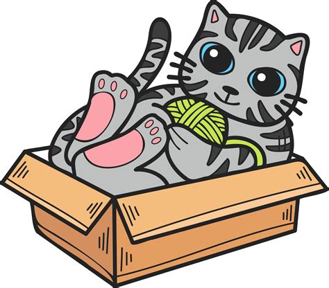 Hand Drawn Striped Cat Playing With Yarn In A Box Illustration In