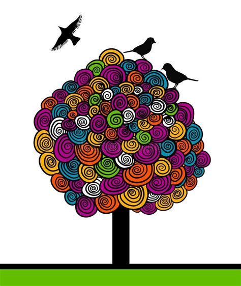 Abstract Colorful Tree With Birds Vector Illustration Stock