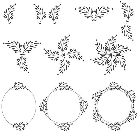 Set Of Circle Floral Frame With Black Silhouettes Of Meadow Herbs