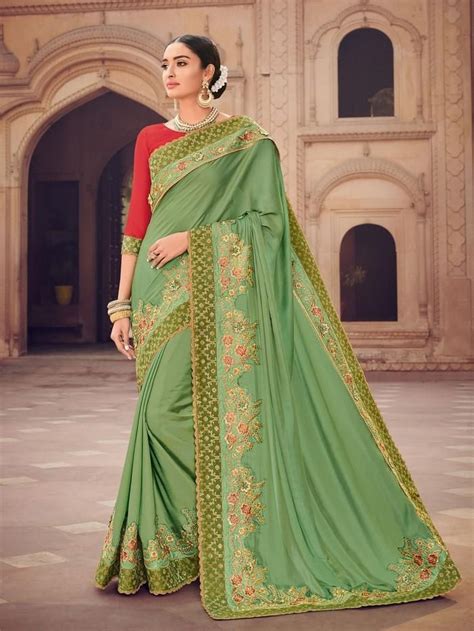 Womens Green Satin Art Silk Saree Party Wear Saree