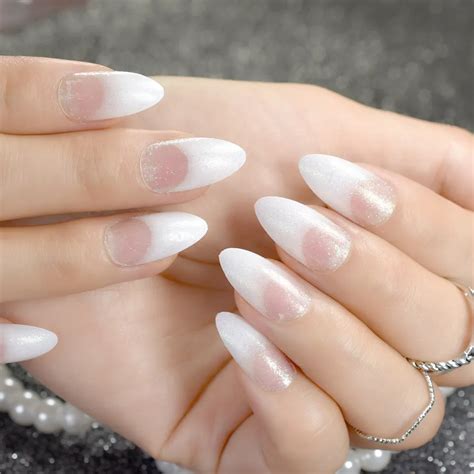 White French Fake Nails Clear White With Shimmer Glitter Pointed