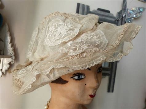 Antique French Victorian Floral Lace Hat Ecru Hand Embroidered