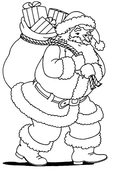 Noël est la fête préférée des enfants. Coloriage Père Noël arrive avec ses cadeaux