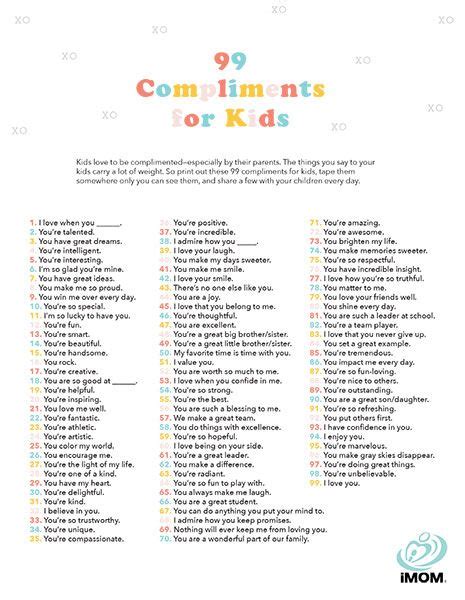 99 Compliments For Kids Printable Affirmations For Kids Compliments
