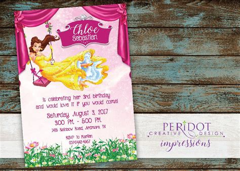 Princess Belle Birthday Invitation 2 5x7 By Peridotimpressions On