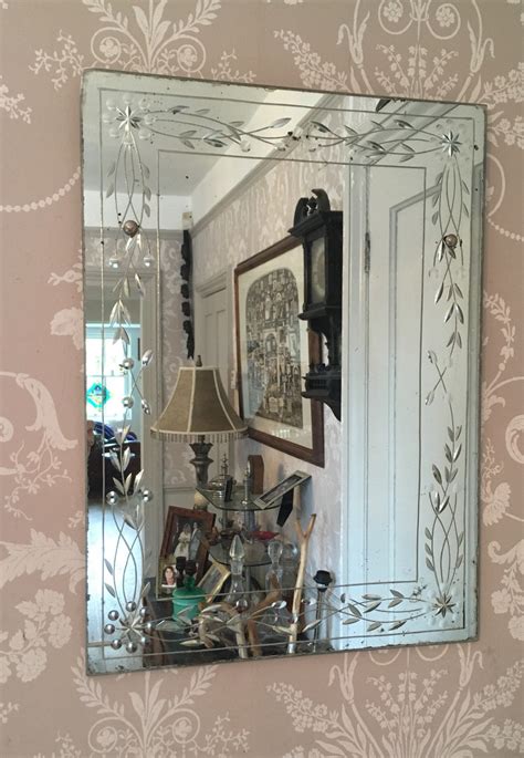 vintage beveled edge mirror with etched flower border art deco etsy