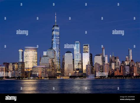 Lower Manhattan Skyline At Night Nyc Usa Stock Photo Alamy