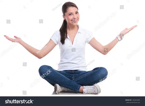 Casual Young Woman Sitting Legs Crossed Stock Photo 140323405