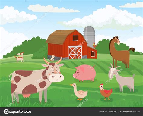Farm Animals Village Animal Farms Cows Red Barn And Cattle Field