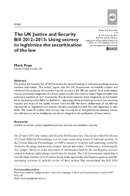 (PDF) The UK Justice and Security Bill 2012-2013: Using secrecy to legitimize the securitization ...