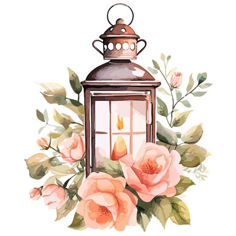 Lanterna E Flores Aquarela Ilustração Conceito De Ramadan Vetor Premium