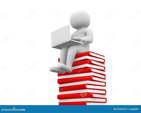 3d Man Sitting On A Pile Of Books Working At His Lapop Stock