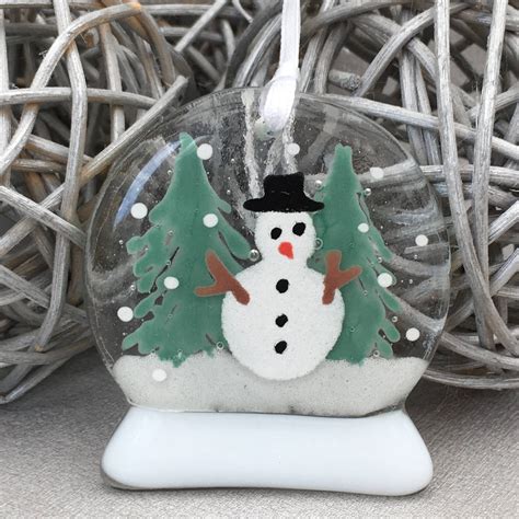 Fused Glass Christmas Snow Globe Snowman Tree Decoration Etsy Uk