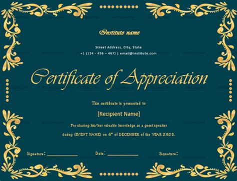 Certificate Of Appreciation For Guest Speaker Green Blank