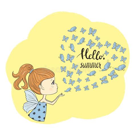 Cute Little Girl With Butterflies Hello Summer Stock Vector