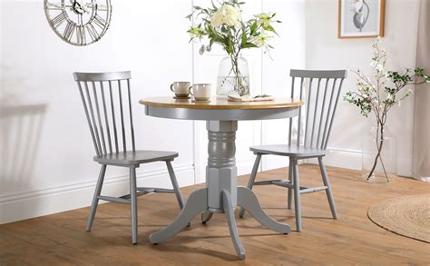Kingston Round Painted Grey And Oak Dining Table With 2 Pendle Grey