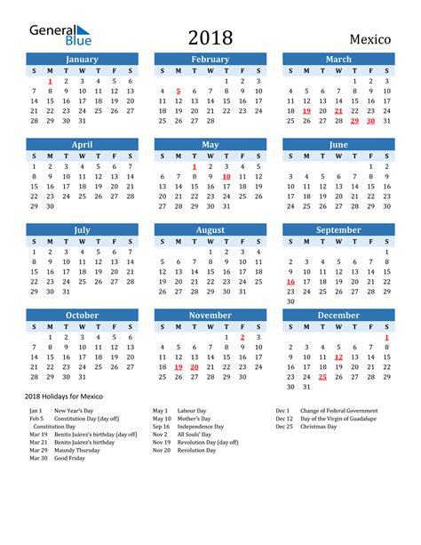 2018 Mexico Calendar With Holidays