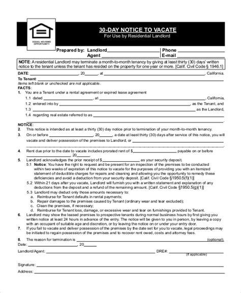 If the tenant does not move out within the thirty (30) day period, the landlord. FREE 8+ Sample 30 Day Notice to Landlord Forms in PDF | MS ...