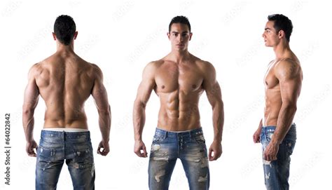 Triple View Of Shirtless Bodybuilder Back Front Side Stock Photo