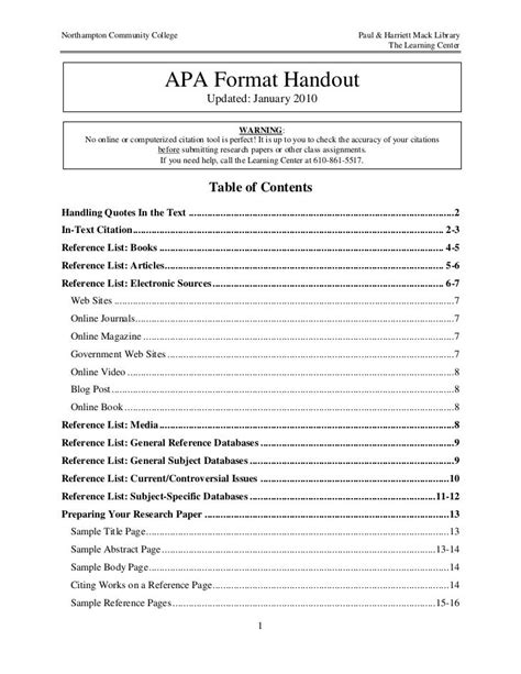 Apa Format Research Paper Table Of Contents Apa Format Template