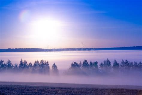 Landscape Sunrise At Summer Foggy Morning On Meadow Filtered Image