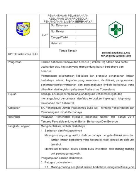 Sop Pemantauan Pelaksanaan Kebijakan Dan Prosedur Penanganan Limbah