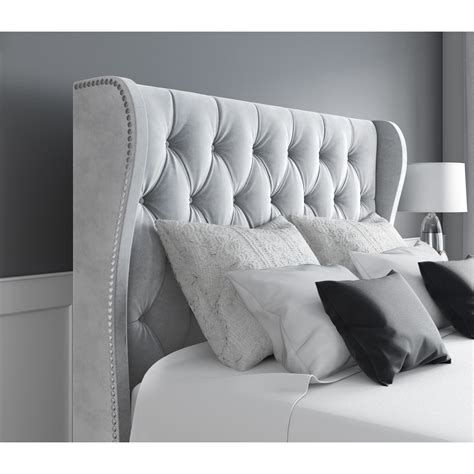Safina Light Grey Velvet Double Ottoman Bed With Winged Headboard Furniture123