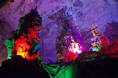 Beautiful Illuminated Multicolored Stalactites From Karst Reed Flute