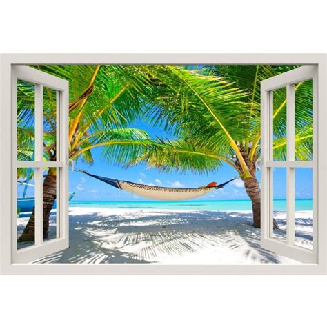 Window Frame Mural Relaxed Beach Huge Size Peel And Stick Fabric