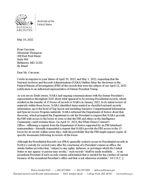 Read National Archives Letter To Trump Lawyer On Fbi Inquiry The