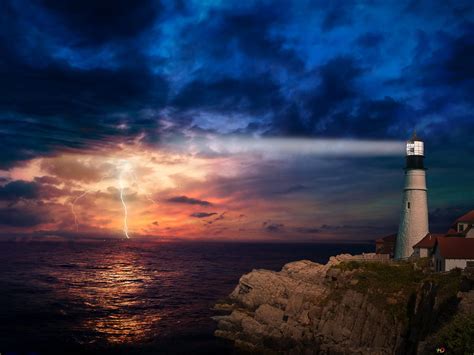 Lighthouse On The Rocks And Lightning Flashes Among The Clouds At Night