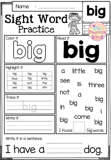 kindergarten sight words   big worksheets worksheets