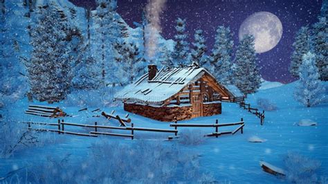 Little Cabin In A Mountains At Snowfall Night Stock Photo