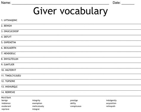 The Giver Vocabulary Word Search Chapters 6 10 By Rory Walsh Wordmint