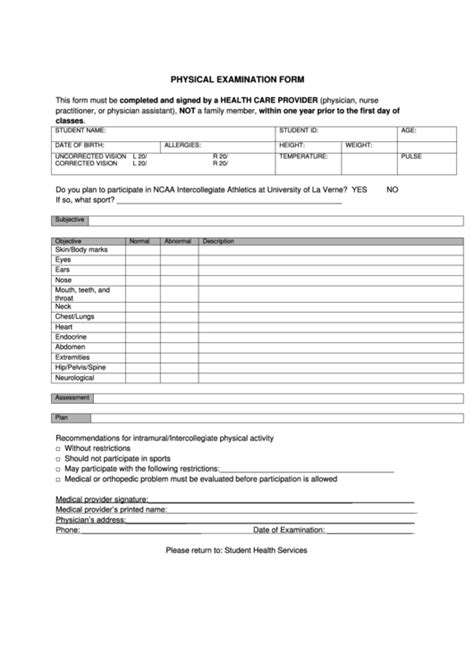 Physical Examination Form Printable Pdf Download