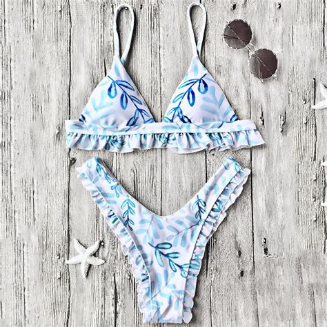 New Lotus Leaf Foliage Print Bikini Set Brazilian Low Waist Bikini