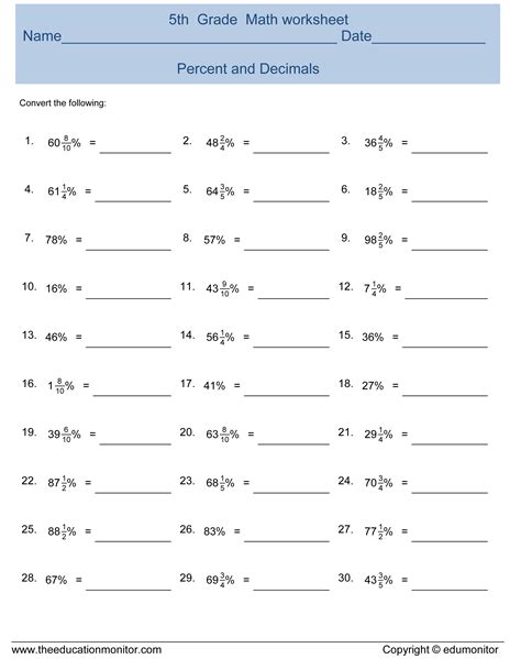 Fill in the missing numbers. Percentages and Decimals Worksheet for kids