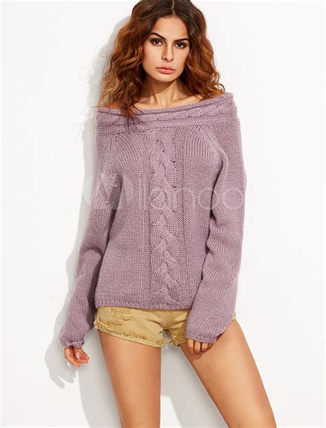 Purple Pullover Sweater Off The Shoulder Long Sleeve Womens Cable Knit Sweater Top