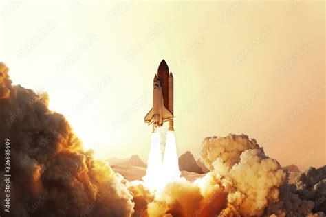 Rocket Liftoff Space Shuttle Take Off On Red Planer Mars Rocket